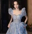 Fashion Sky Blue Printing Prom Dresses 2024 A-Line / Princess Square Neckline Short Sleeve Backless Floor-Length / Long Prom Formal Dresses