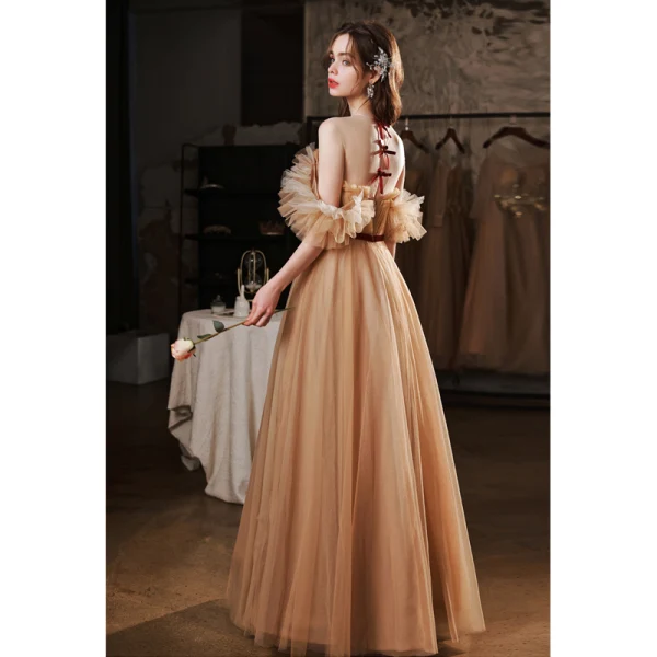 Fashion Champagne Prom Dresses 2022 A-Line / Princess Scoop Neck Ruffle Short Sleeve Beading Sequins Backless Sash Bow Floor-Length / Long Formal Dresses
