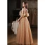 Fashion Champagne Prom Dresses 2022 A-Line / Princess Scoop Neck Ruffle Short Sleeve Beading Sequins Backless Sash Bow Floor-Length / Long Formal Dresses