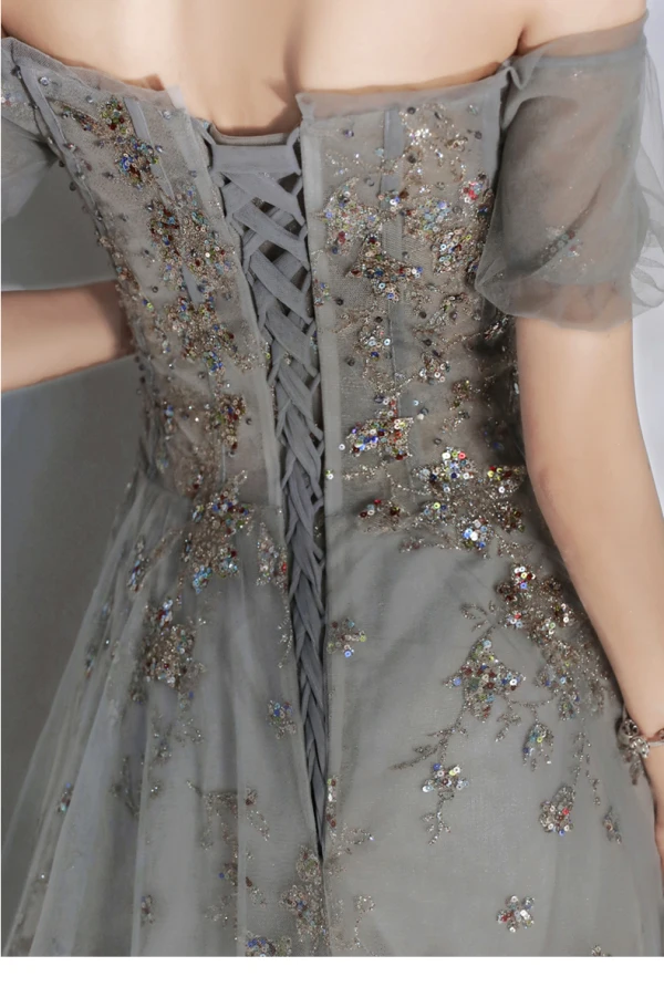 Chic / Beautiful Sage Green Evening Dresses 2020 A-Line / Princess Off-The-Shoulder Puffy Short Sleeve Appliques Sequins Floor-Length / Long Ruffle Backless Formal Dresses