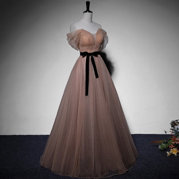 Chic / Beautiful Tan Spotted Prom Dresses 2022 A-Line / Princess Off-The-Shoulder Short Sleeve Backless Sash Bow Floor-Length / Long Formal Dresses