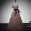 Chic / Beautiful Tan Spotted Prom Dresses 2022 A-Line / Princess Off-The-Shoulder Short Sleeve Backless Sash Bow Floor-Length / Long Formal Dresses