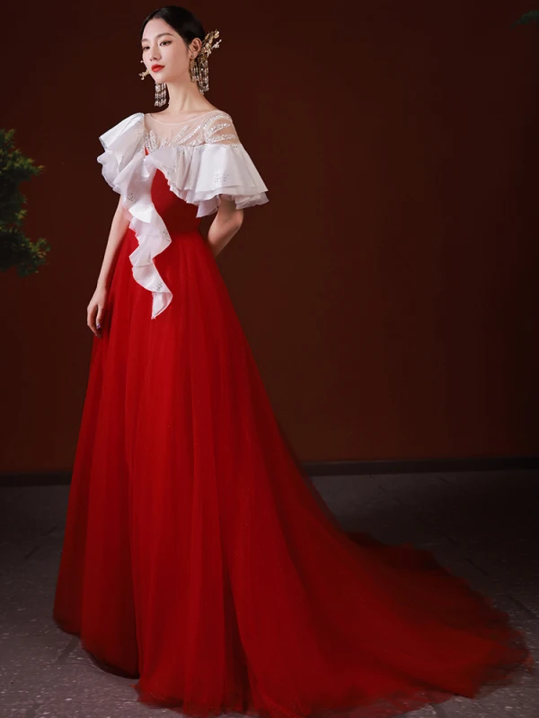 High-end Chinese style Red Prom Dresses 2022 A-Line / Princess Scoop Neck Beading Pearl Rhinestone Short Sleeve Backless Sweep Train Formal Dresses