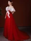 High-end Chinese style Red Prom Dresses 2022 A-Line / Princess Scoop Neck Beading Pearl Rhinestone Short Sleeve Backless Sweep Train Formal Dresses