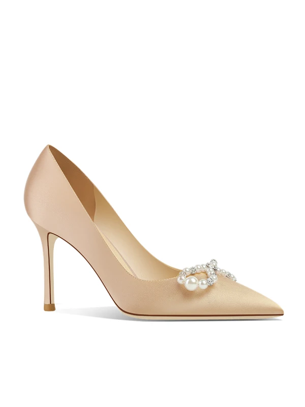 Mode Champagner Perle Schleife Abend Pumps 2024 Leder 8 cm Stilettos Spitzschuh Pumps Hochhackige