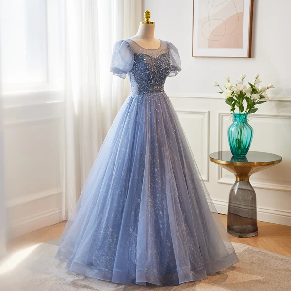 Chic / Beautiful Sky Blue Beading Sequins Prom Dresses 2023 A-Line / Princess Scoop Neck Short Sleeve Backless Floor-Length / Long Prom Formal Dresses