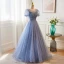 Chic / Beautiful Sky Blue Beading Sequins Prom Dresses 2023 A-Line / Princess Scoop Neck Short Sleeve Backless Floor-Length / Long Prom Formal Dresses