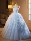 Chic / Beautiful Sky Blue Cascading Ruffles Appliques Prom Dresses 2025 Ball Gown Spaghetti Straps Sleeveless Backless Floor-Length / Long Prom Formal Dresses