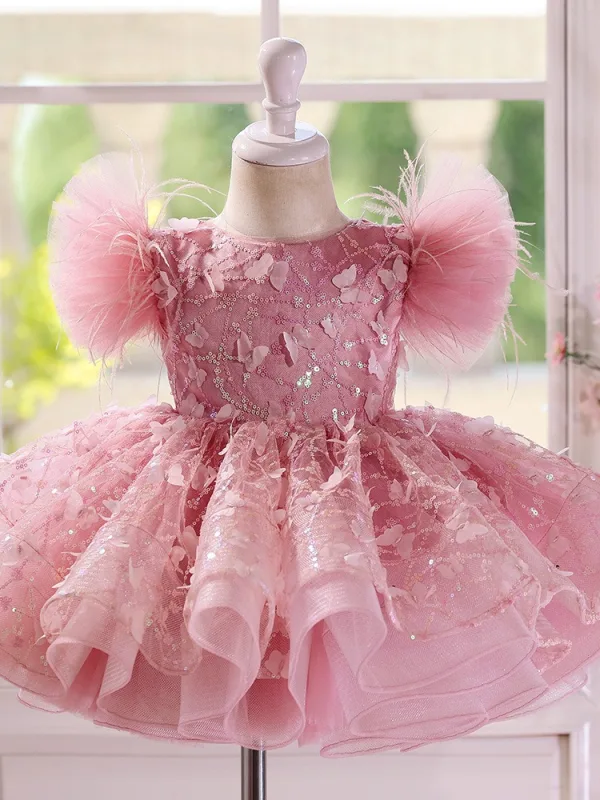Flower Fairy Blushing Pink Butterfly Appliques Sequins Tassel Asymmetrical Birthday Flower Girl Dresses 2025 Ball Gown Scoop Neck Puffy Short Sleeve Tulle