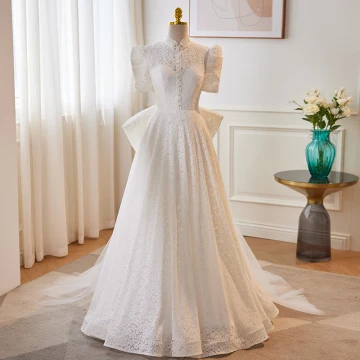 Elegant Chinese Style White Pearl Lace Flower Wedding Dresses 2023 A Line Princess High Neck Puffy Short Sleeve Backless Bow Sweep Train Wedding