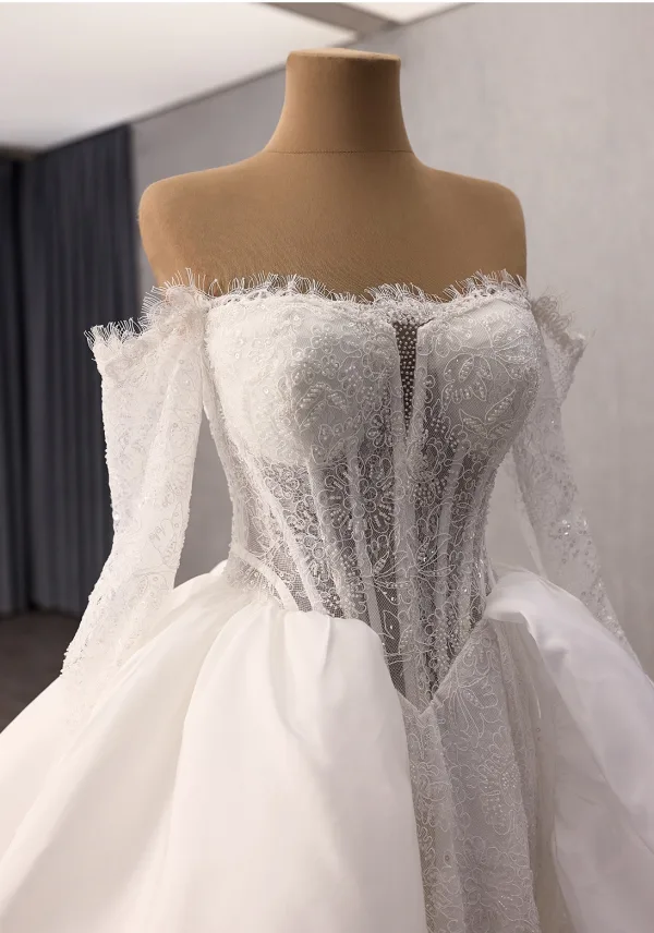 High-end White Handmade Beading Lace Flower Satin Wedding Dresses 2025 Ball Gown Off-The-Shoulder Long Sleeve Backless Chapel Train
