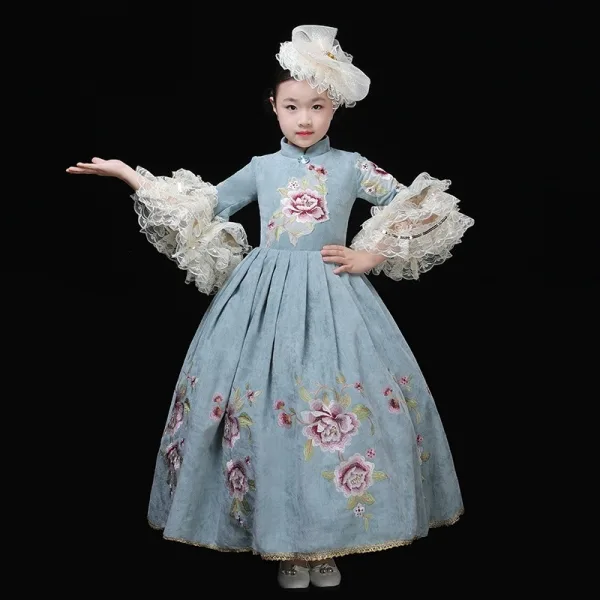 Vintage / Retro Medieval Pool Blue Flower Girl Dresses 2024 Printing Floral Floor-Length / Long 3/4 Sleeve High Neck Cosplay Wedding Prom A-Line / Princess Ball Gown Wedding Party Dresses