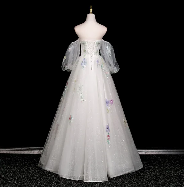 Schöne Weiß Perlenstickerei Applikationen Pailletten Ballkleider 2025 Ballkleid Off Shoulder Kurze Ärmel Rückenfreies Lange Festliche Kleider