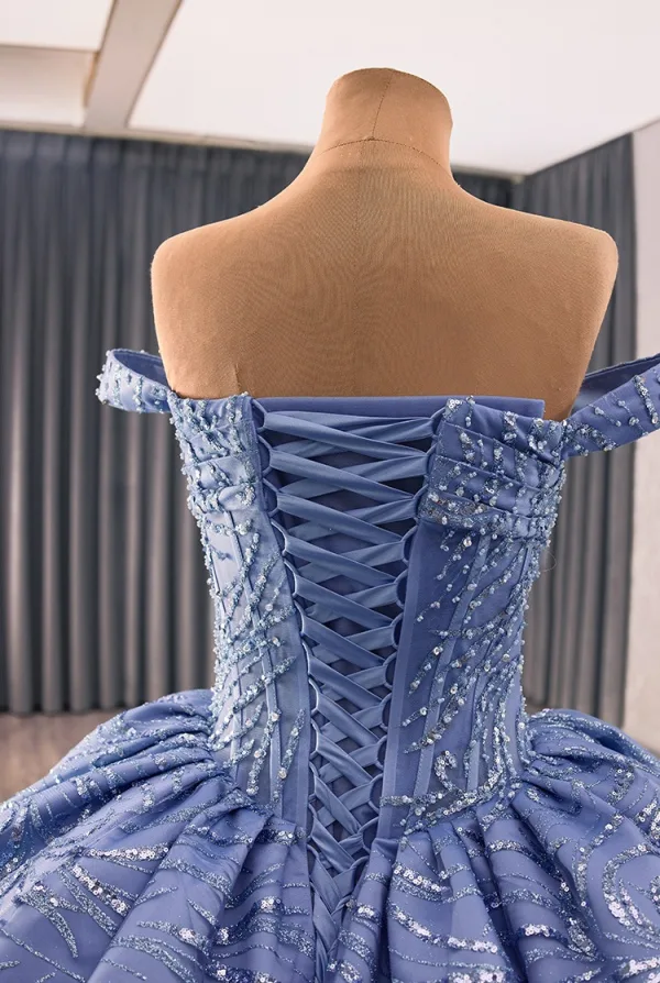 High-end Ocean Blue Handmade  Beading Sequins Prom Dresses 2014 Ball Gown Off-The-Shoulder Sleeveless Backless Royal Train Formal Dresses