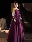 Elegant Purple Beading Lace Flower Bow Satin Prom Dresses 2025 A-Line / Princess Scoop Neck Short Sleeve Backless Floor-Length / Long Prom Formal Dresses