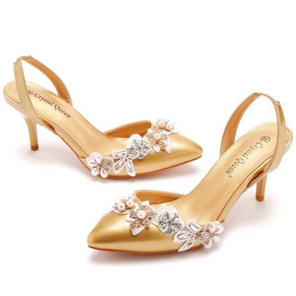 Charming White Pearl Rhinestone Lace Flower Wedding Shoes 2023 7 cm Stiletto Heels Pointed Toe Wedding Sandals High Heels