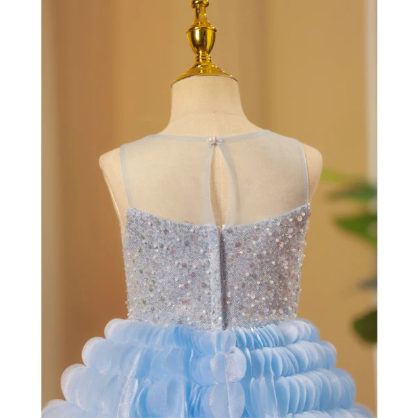 Fashion Sky Blue Sequins Cascading Ruffles Birthday Flower Girl Dresses 2023 Ball Gown Scoop Neck Sleeveless Backless Floor-Length / Long