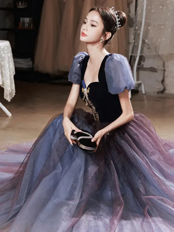 Chic / Beautiful Gradient-Color Purple Glitter Prom Dresses 2022 A-Line / Princess Square Neckline Puffy Short Sleeve Backless Bow Floor-Length / Long Prom Formal Dresses