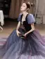 Chic / Beautiful Gradient-Color Purple Glitter Prom Dresses 2022 A-Line / Princess Square Neckline Puffy Short Sleeve Backless Bow Floor-Length / Long Prom Formal Dresses