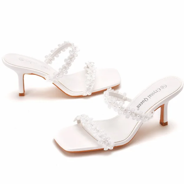 Sexy White Pearl Lace Flower Prom Womens Sandals 2022 7 cm Stiletto Heels Open / Peep Toe Sandals High Heels