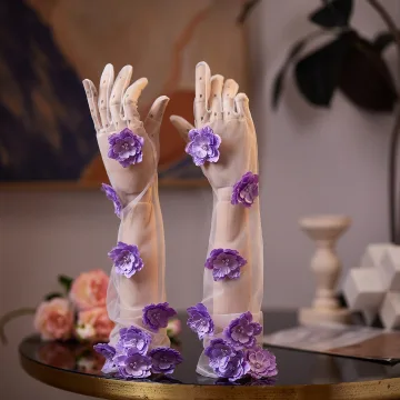 Chic Beautiful Lavender Handmade Appliques Wedding Bridal Gloves 2026 Tulle