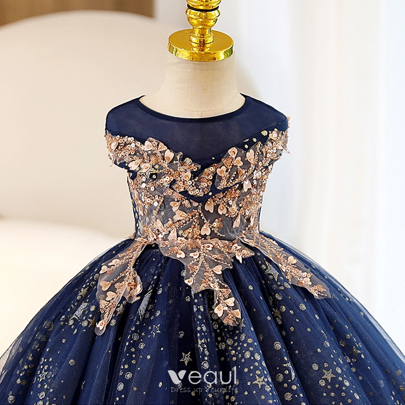 Charming Navy Blue Beading Star Sequins Birthday Flower Girl Dresses 2023  Ball Gown Scoop Neck Sleeveless Floor Length Long Flower Girl Dresses