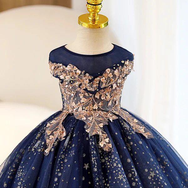 Charming Navy Blue Beading Star Sequins Birthday Flower Girl Dresses 2023 Ball Gown Scoop Neck Sleeveless Floor-Length / Long Flower Girl Dresses