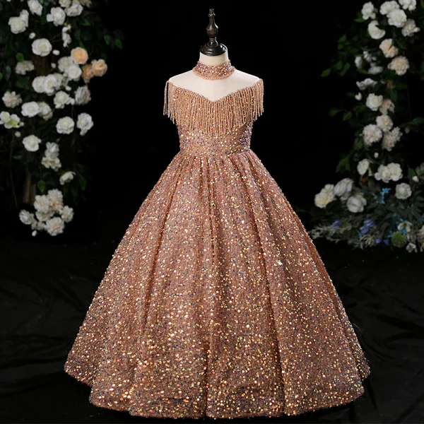 Sparkly Navy Blue Beading Tassel Sequins Birthday Flower Girl Dresses 2024 Ball Gown High Neck Sleeveless Floor-Length / Long