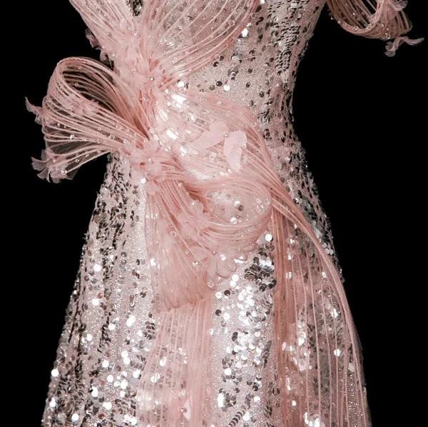 Sparkly Fashion Blushing Pink Appliques Sequins Prom Dresses 2025 A-Line / Princess Strapless Sleeveless Backless Floor-Length / Long Formal Dresses