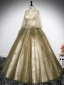 Elegant Khaki Beading Sequins Embroidered Prom Dresses 2024 Ball Gown High Neck 1/2 Sleeves Floor-Length / Long Prom Formal Dresses