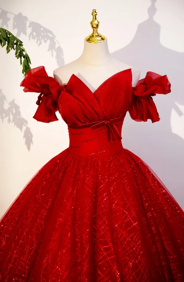Élégant Rouge Perlage Paillettes Noeud Robe De Bal 2023 Robe Boule De l'épaule Manches Courtes Dos Nu Longue Promo Robe De Ceremonie