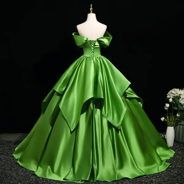 Elegant Green Prom Dresses Ball Gown 2025 Off-The-Shoulder Short Sleeve Backless Floor-Length / Long Formal Dresses