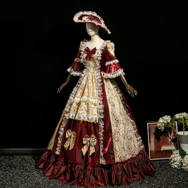 Vintage / Retro Medieval Burgundy Lace Flower Printing Bow Prom Dresses 2025 Ball Gown Square Neckline Bell sleeves Floor-Length / Long Formal Dresses