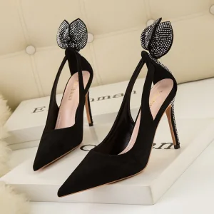 Fashion Black Rhinestone Evening Party Suede Womens Shoes High Heels 2022 10 Cm Stiletto Heels Pointed Toe Womens Shoes