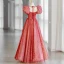 Chic / Beautiful Red Sequins Prom Dresses 2022 A-Line / Princess Square Neckline Puffy Short Sleeve Backless Bow Floor-Length / Long Formal Dresses