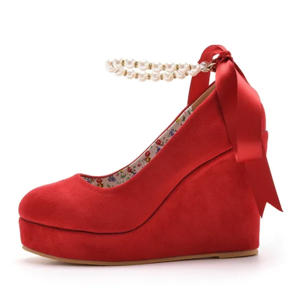 Roman Red Pearl Ankle Strap Bow Prom Womens Shoes 2025 10 cm Wedges Round Toe Womens Shoes