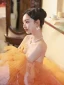 Charming Orange Pleated Evening Dresses 2023 A-Line / Princess Off-The-Shoulder Short Sleeve Backless Sweep Train Evening Party Formal Dresses