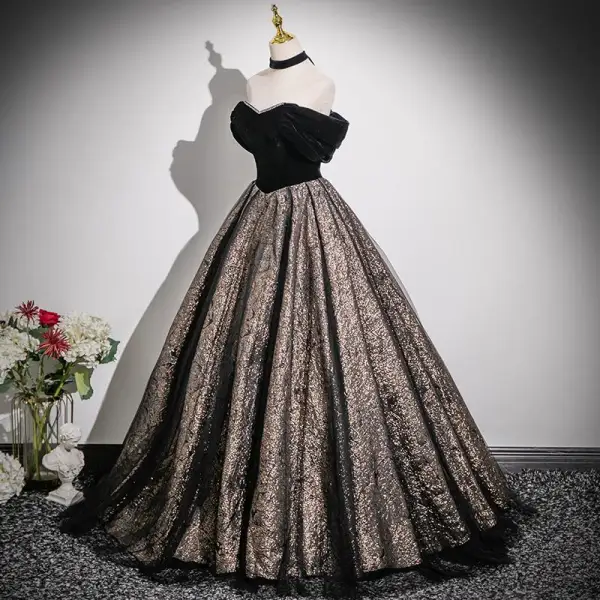 Sexy Black Glitter Prom Dresses 2024 Ball Gown Strapless Sleeveless Backless Floor-Length / Long Prom Formal Dresses
