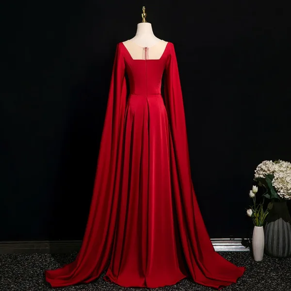 Chic / Belle Bordeaux Perlage Paillettes Robe De Bal 2025 Princesse Encolure Dégagée Manches Longues Longue Robe De Ceremonie