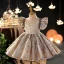 Chic / Beautiful Champagne Birthday Short Flower Girl Dresses 2022 Ball Gown Scoop Neck Beading Sequins Short Sleeve Flower Girl Dresses