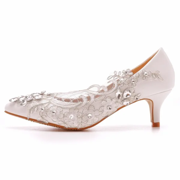 Élégant Blanche Faux Diamant En Dentelle Fleur Chaussure De Mariée 2023 5 cm Talons Aiguilles À Bout Pointu Mariage Escarpins Talons Hauts