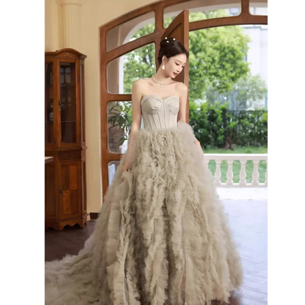 Charming Pleated Sage Green Prom Dresses 2023 Ball Gown Strapless Sleeveless Backless Court Train Prom Formal Dresses