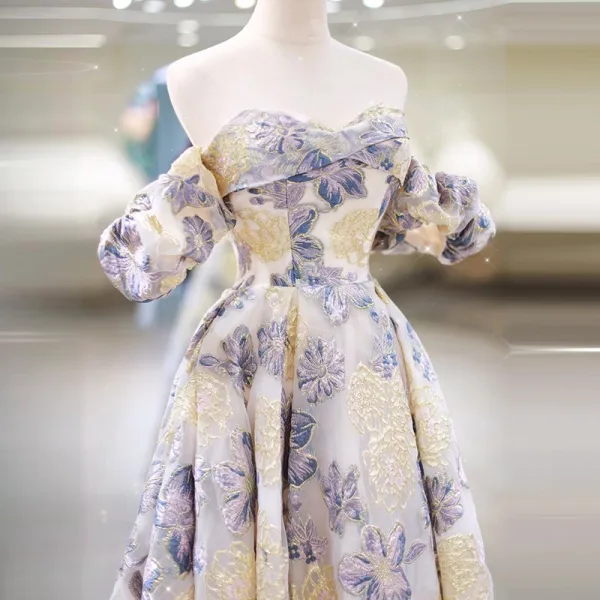 Chic / Beautiful Lavender Printing Prom Dresses 2025 A-Line / Princess Off-The-Shoulder Short Sleeve Backless Floor-Length / Long Prom Formal Dresses
