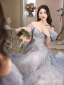 Chic / Beautiful Sky Blue Glitter Beading Appliques Prom Dresses 2023 A-Line / Princess Off-The-Shoulder Short Sleeve Backless Floor-Length / Long Prom Formal Dresses