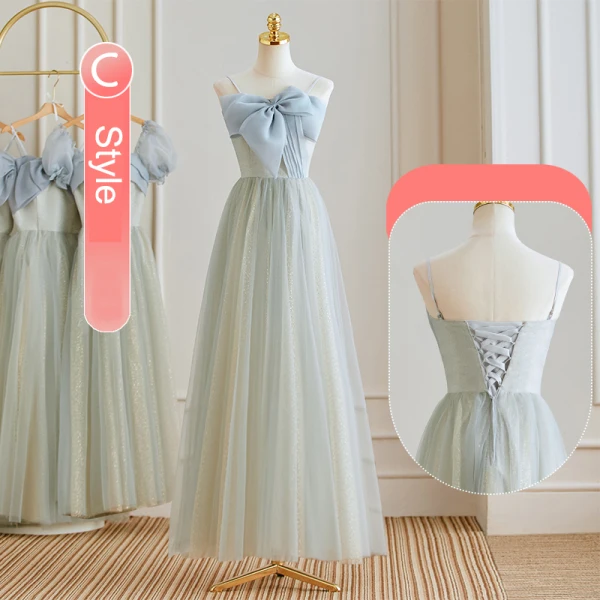 Modest / Simple Grey Bridesmaid Dresses 2023 A-Line / Princess Spaghetti Straps Bow Short Sleeve Backless Floor-Length / Long Bridesmaid Dresses