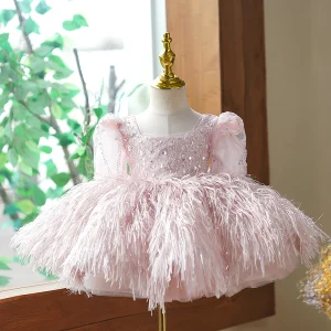 Chic Beautiful Blushing Pink Beading Tassel Short Birthday Flower Girl Dresses 2023 Ball Gown Square Neckline Short Sleeve Flower Girl Dresses
