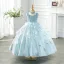Classy Sky Blue Beading Rhinestone Sequins Birthday Flower Girl Dresses 2024 Ball Gown High Neck Sleeveless Floor-Length / Long Tulle