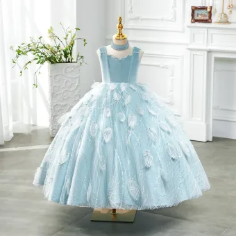 Classy Sky Blue Beading Rhinestone Sequins Birthday Flower Girl Dresses 2024 Ball Gown High Neck Sleeveless Floor Length Long Tulle