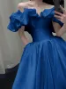 Vintage / Retro Modest / Simple Royal Blue Prom Dresses 2023 Ball Gown Off-The-Shoulder Puffy Short Sleeve Backless Floor-Length / Long Prom Formal Dresses