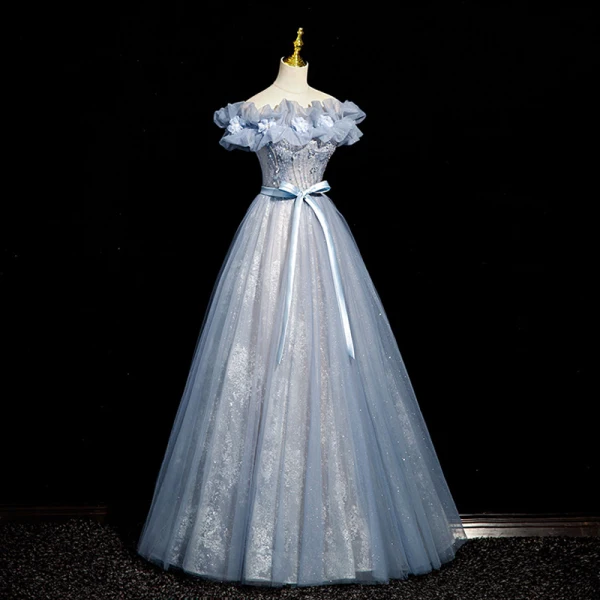Chic / Belle Bleu Ciel Perlage Paillettes Appliques Robe De Bal 2023 Princesse De l'épaule Noeud Ceinture Sans Manches Dos Nu Longue Promo Robe De Ceremonie